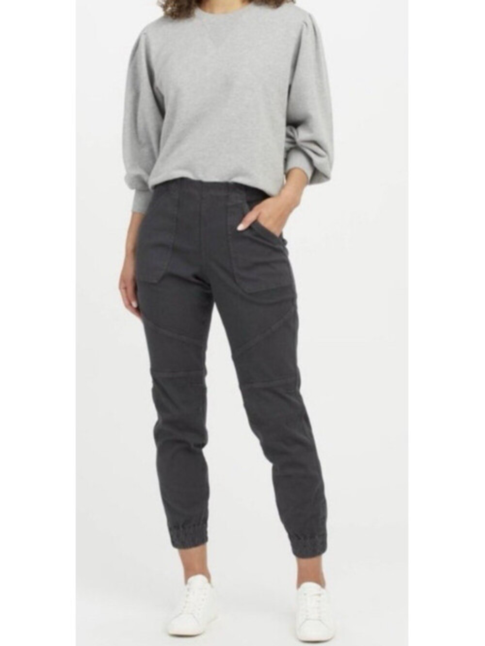 Spanx Stretch Twill Cargo Jogger Pants XL Washed Black Gray Zip Leg Pull On